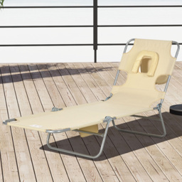 Outsunny Beige 5 Level Adjustable Folding Sun Lounger with Reading Hole - Size: 72 x 11 x 57cm - Cream - Wilko