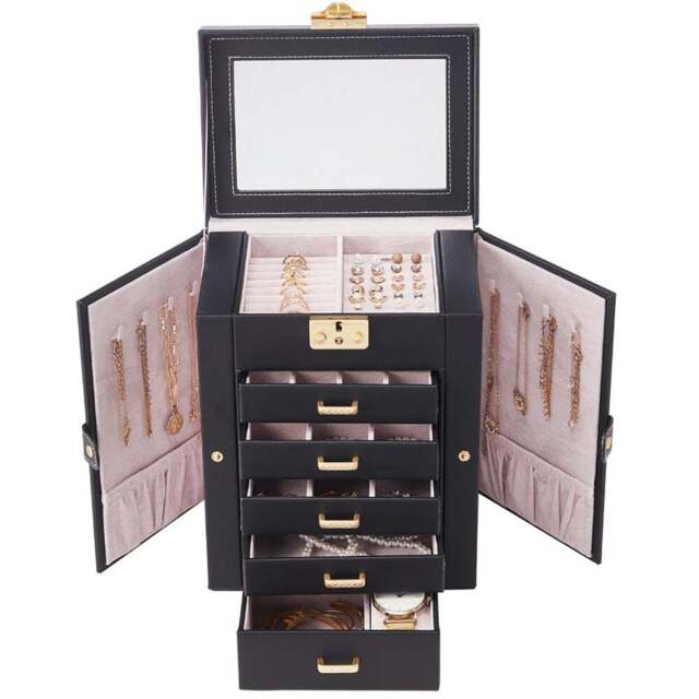 Living and Home 5 Drawer Black Faux Leather Jewellery Box with Mirror - Size: 26 x 21 x 15cm - Wilko - image 1