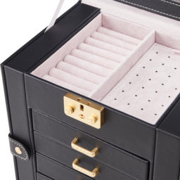 Living and Home 5 Drawer Black Faux Leather Jewellery Box with Mirror - Size: 26 x 21 x 15cm - Wilko - thumbnail 5