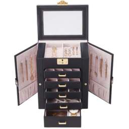 Living and Home 5 Drawer Black Faux Leather Jewellery Box with Mirror - Size: 26 x 21 x 15cm - Wilko