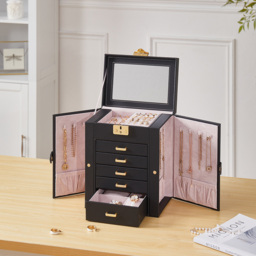 Living and Home 5 Drawer Black Faux Leather Jewellery Box with Mirror - Size: 26 x 21 x 15cm - Wilko - thumbnail 3
