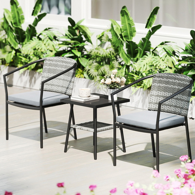 Outsunny 2 Seater Grey and Black Rattan Bistro Set with Cushions - Wilko - image 1