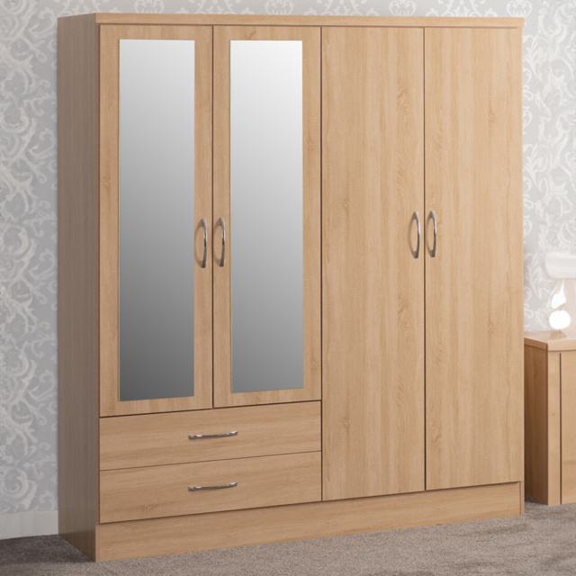Seconique Nevada 4 Door 2 Drawer Sonoma Oak Mirror Wardrobe - Size: 4 Door, 2 Drawer - Brown - Wilko - image 1