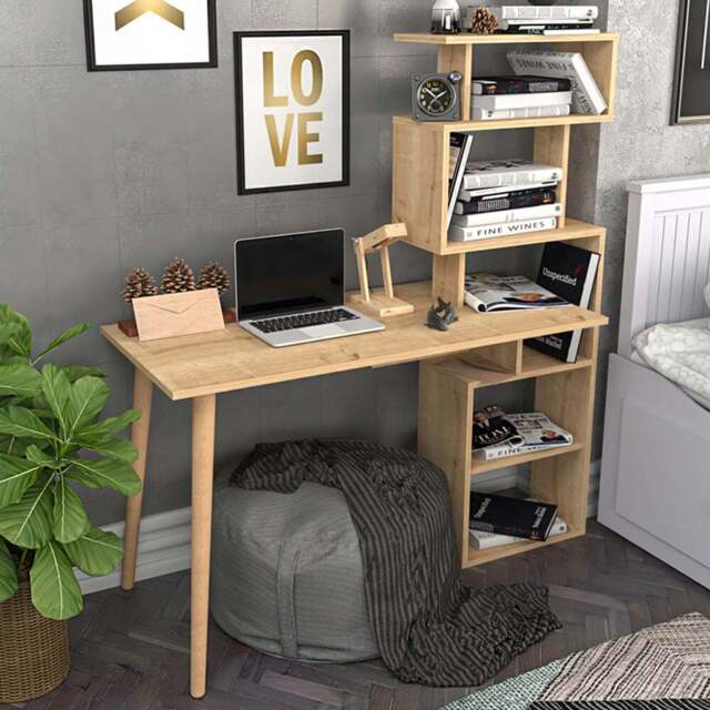 Decorotika Vina 7 Shelf Computer Desk with Bookcase Oak - Size: 146.6 x 138.6 x 55cm - Yellow - Wilko - image 1
