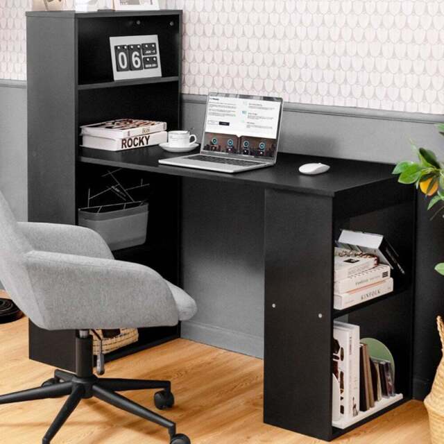 Costway Wooden Computer Desk with Bookshelf Black - Size: 133 x 65 x 14cm - Wilko