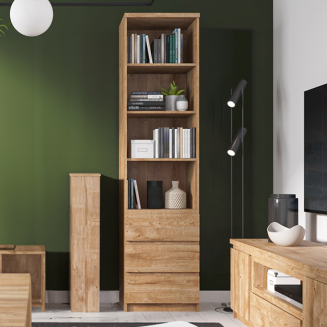Florence Fribo 3 Drawer 4 Shelf Golden Ribbeck Oak Tall Narrow Bookcase - Brown - Wilko - image 1