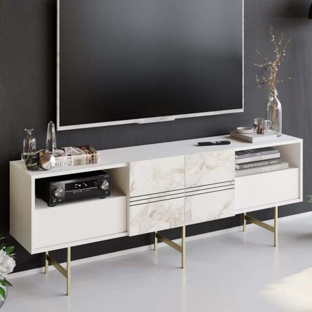 Decorotika Derin White Marble and Gold TV Unit - Size: 64.7 x 180 x 37.1cm - Multi - Wilko - image 1