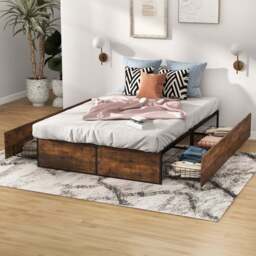 Costway 4 Drawer Underbed Storage Double Metal Bed Frame - Brown - Wilko - thumbnail 1