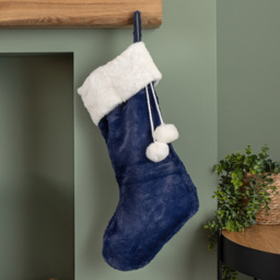 Samuel Alexander Blue Plush Hanging Christmas Stocking with Faux Fur Trim and Pom Poms 55cm - Size: 55 x 29 x 2cm - Wilko - thumbnail 3