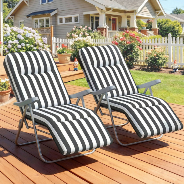 Outsunny Set of 2 Grey Stripe Adjustable Reclining Sun Lounger - Grey and White - Wilko - image 1