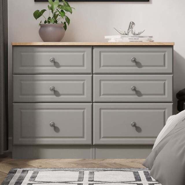 Crowndale Norfolk 6 Drawer Dusk Grey and Bardolino Oak Wide Chest of Drawers Ready Assembled - Dusk Grey & Bardolino Oak - Wilko - image 1