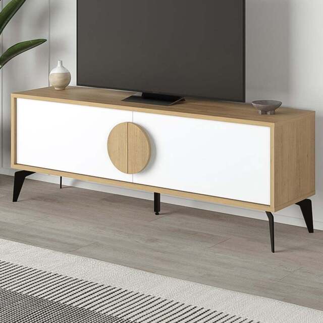Decortie Gora 2 Door Oak and White TV Unit with Circle Handle - Size: 51 x 140 x 35.5cm - Multi - Wilko - image 1