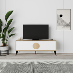 Decortie Gora 2 Door Oak and White TV Unit with Circle Handle - Size: 51 x 140 x 35.5cm - Multi - Wilko - thumbnail 5