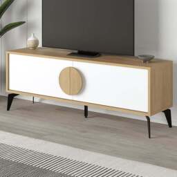 Decortie Gora 2 Door Oak and White TV Unit with Circle Handle - Size: 51 x 140 x 35.5cm - Multi - Wilko - thumbnail 1