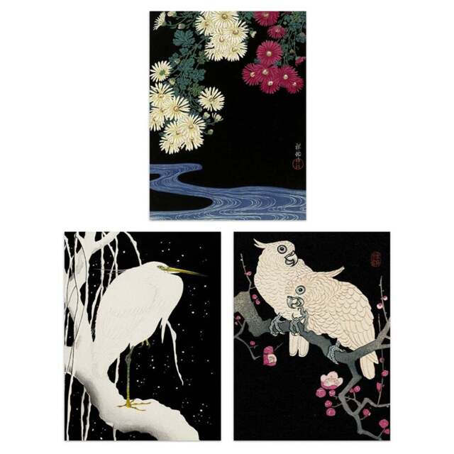 Artery8 White Ohora Koson Flower Heron Cockatoo Artwork Wall Art Print 30 x 41cm 3 Pack - Size: 40.5 x 30.5 x 0.3cm - Black - Wilko - image 1