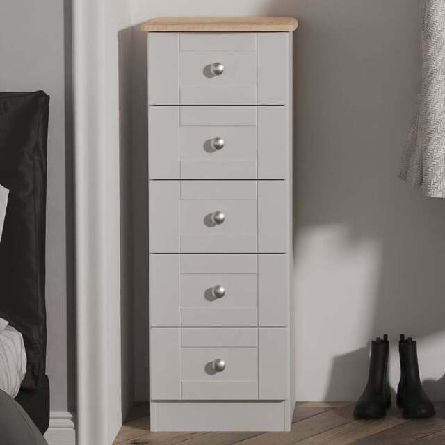 Crowndale Sussex 5 Drawer Grey Ash and Bardolino Oak Tall Bedside Cabinet Ready Assembled - Grey Ash & Bardolino Oak - Wilko - image 1