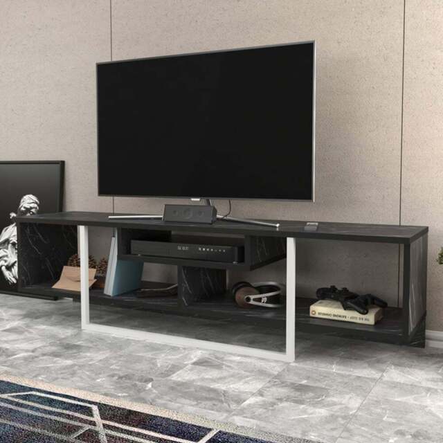 Decorotika Asal 3 Shelf Black Marble Effect and White TV Unit - Size: 40 x 149.4 x 35.2cm - Multi - Wilko - image 1