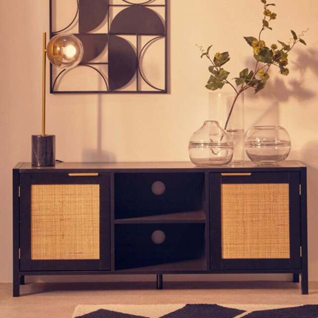 Interiors by Premier Shermam 2 Door 2 Shelf Black Wood Media Unit - Size: 120 x 38 x 52cm - Wilko - image 1
