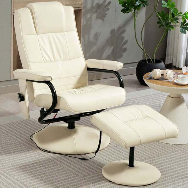 HOMCOM Cream 10 Point Vibration Massage Recliner Chair with Cushioned Ottoman - Size: Single - Wilko - image 1