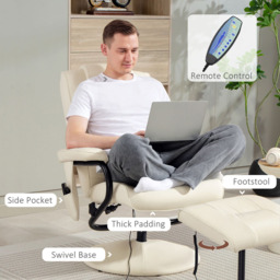 HOMCOM Cream 10 Point Vibration Massage Recliner Chair with Cushioned Ottoman - Size: Single - Wilko - thumbnail 7