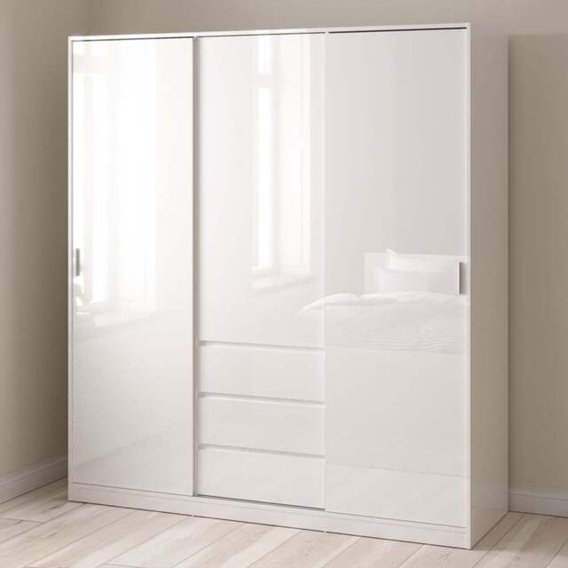 Florence 3 Door 3 Drawer White High Gloss Sliding Wardrobe - Size: 3 Door, 3 Drawer - Furniture to Go - Wilko - image 1