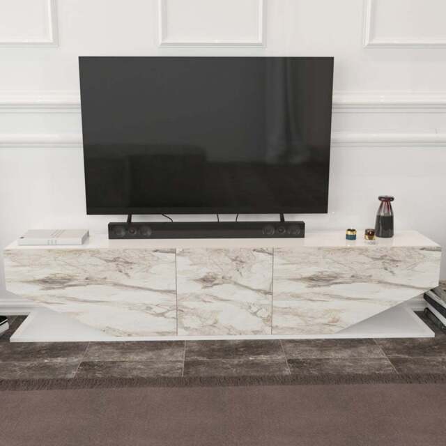 Decorotika Pearl 3 Door 2 Shelf White and White Marble Effect Modern TV Unit - Size: 40 x 180 x 30cm - Multi - Wilko - image 1