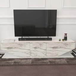 Decorotika Pearl 3 Door 2 Shelf White and White Marble Effect Modern TV Unit - Size: 40 x 180 x 30cm - Multi - Wilko