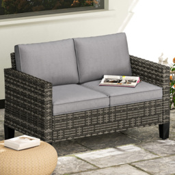 Outsunny 2 Seater Dark Grey Cushion Rattan Garden Sofa - Wilko - thumbnail 1