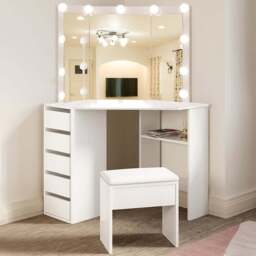 Portland 5 Drawer White Corner Dressing Table Set with LED Mirror - Size: 61 x 114 x 140cm - Wilko