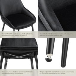 tectake Siera Black Velvet Look Bar Stool Set of 4 - Wilko - thumbnail 6