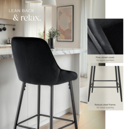 tectake Siera Black Velvet Look Bar Stool Set of 4 - Wilko - thumbnail 5