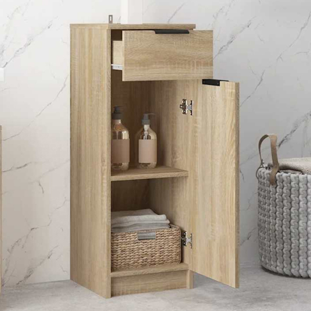 vidaXL Single Door Single Drawer Bathroom Cabinet - Size: 90 x 32 x 33.5cm - Brown - Wilko - image 1
