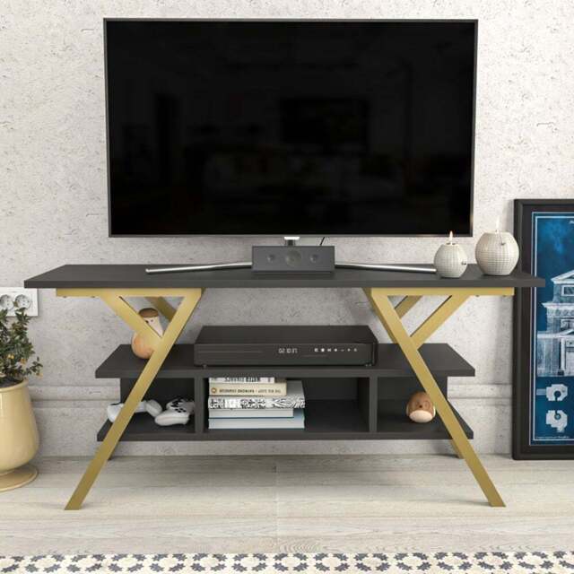 Decorotika Minerva Decorative 4 Open Shelf Gold and Anthracite TV Unit - Size: 55 x 120 x 35cm - Multi - Wilko - image 1