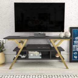 Decorotika Minerva Decorative 4 Open Shelf Gold and Anthracite TV Unit - Size: 55 x 120 x 35cm - Multi - Wilko