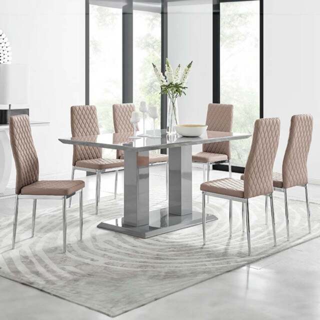 Furniturebox Molini Modern Valera 6 Seater Dining Set Grey Gloss Cappuccino and Chrome - Brown - Wilko - image 1