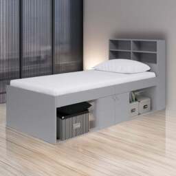 Kudl Single 2 Door 2 Shelf Grey Low Cabin Bed with Bookcase Headboard - Wilko - thumbnail 1