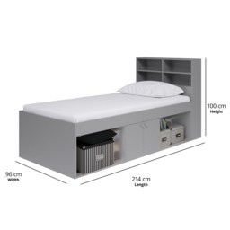 Kudl Single 2 Door 2 Shelf Grey Low Cabin Bed with Bookcase Headboard - Wilko - thumbnail 5
