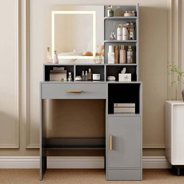 Brooklyn Truro Single Door Single Drawer 7 Shelf Grey Adjustable Dressing Table with LED Mirror - Size: 140 x 80 x 40cm - Wilko - image 1