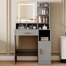 Brooklyn Truro Single Door Single Drawer 7 Shelf Grey Adjustable Dressing Table with LED Mirror - Size: 140 x 80 x 40cm - Wilko - thumbnail 1