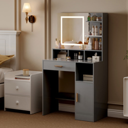 Brooklyn Truro Single Door Single Drawer 7 Shelf Grey Adjustable Dressing Table with LED Mirror - Size: 140 x 80 x 40cm - Wilko - thumbnail 4