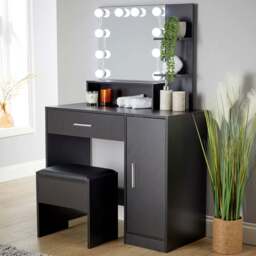 Home Source Sophia Single Door Single Drawer Black Dressing Table Set with LED Mirror - Size: 134 x 85 x 40cm - Wilko