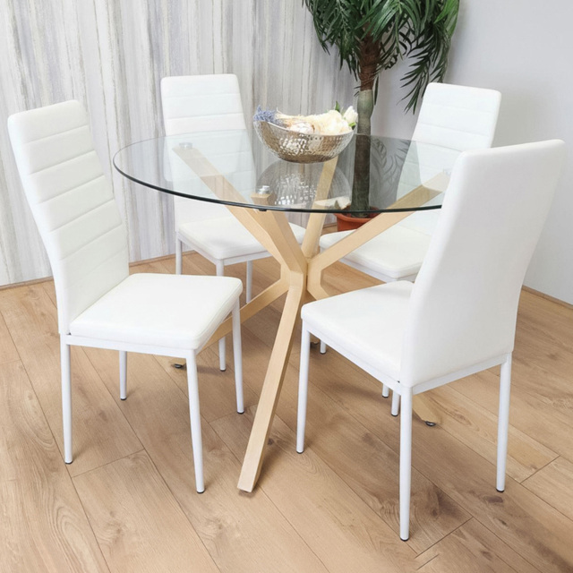 Portland 4 Seater Faux Leather Glass Tabletop Round Dining Set White - Wilko - image 1