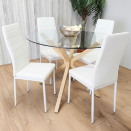 Portland 4 Seater Faux Leather Glass Tabletop Round Dining Set White - Wilko - thumbnail 1