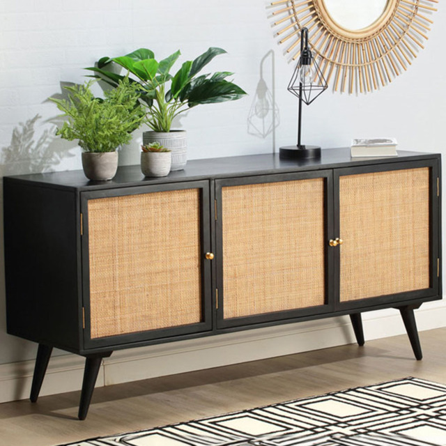 Desser Manhattan 3 Door Black Rattan and Mango Wood Sideboard - Size: 45 x 145 x 70cm - Multi - Wilko - image 1