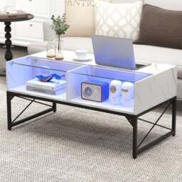 Costway 4 Shelf White Faux Marble Tempered Glass LED Coffee Table - Size: 119 x 65 x 14cm - Wilko