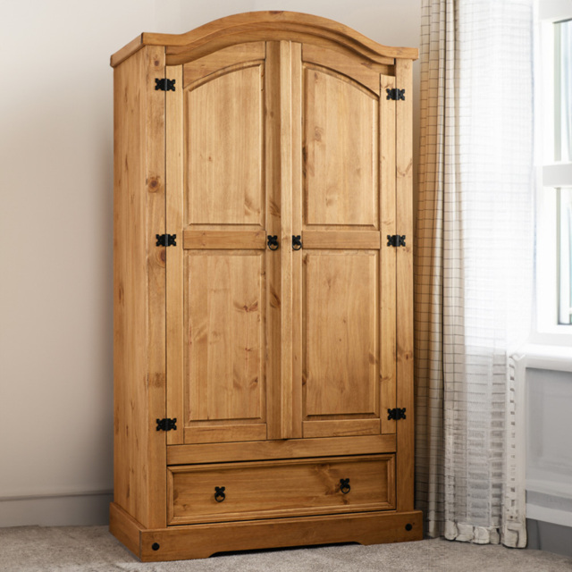 Seconique Corona 2 Door Single Drawer Distressed Waxed Pine Wardrobe - Size: 2 Door, Single Drawer - Brown - Wilko - image 1