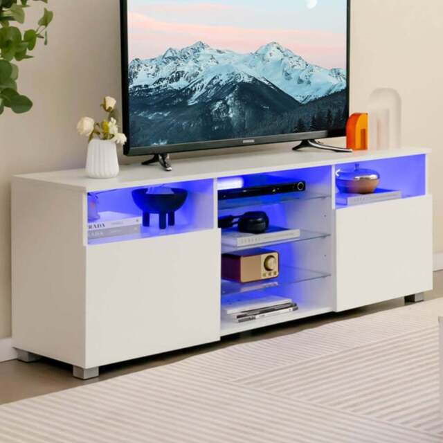 Costway 2 Door 6 Shelf White TV Unit with LED - Size: 159 x 60 x 14cm - Wilko - image 1