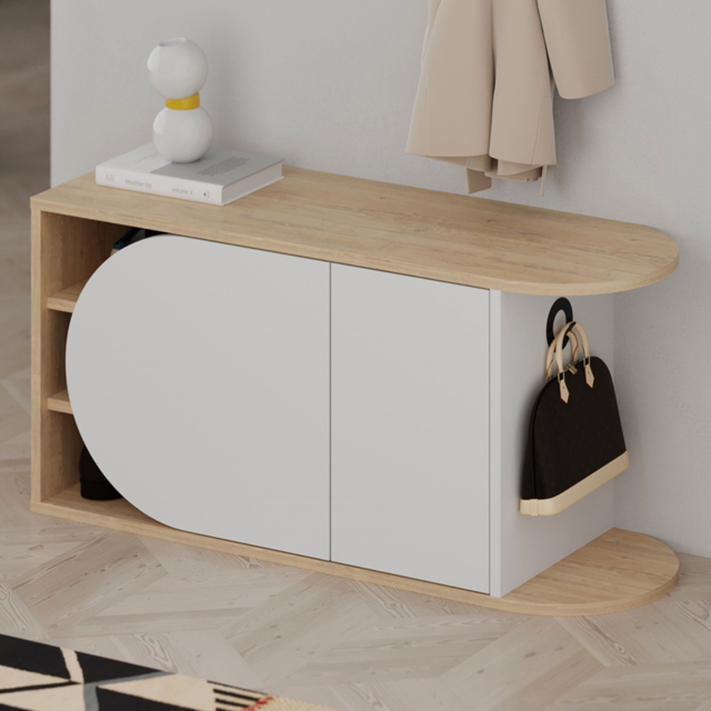 Decortie Nova 2 Door Oak White Modern Shoe Storage Bench with Hook - Size: 50 x 104 x 37cm - Multi - Wilko - image 1