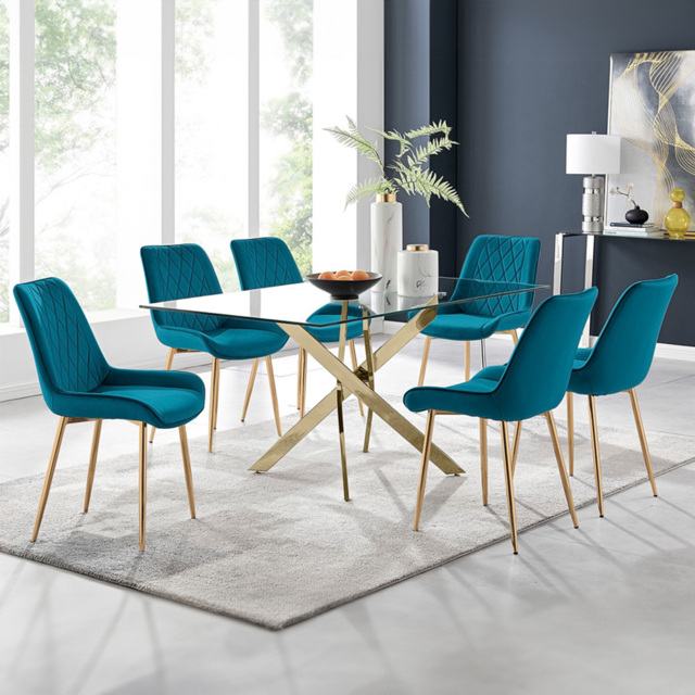 Furniturebox Tavolo Cesano 6 Seater Dining Set Gold and Blue - Wilko - image 1