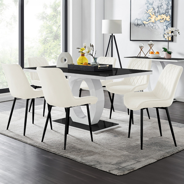 Furniturebox Lucia Cesano 6 Seater Dining Set Black Gloss and Cream - Wilko - image 1